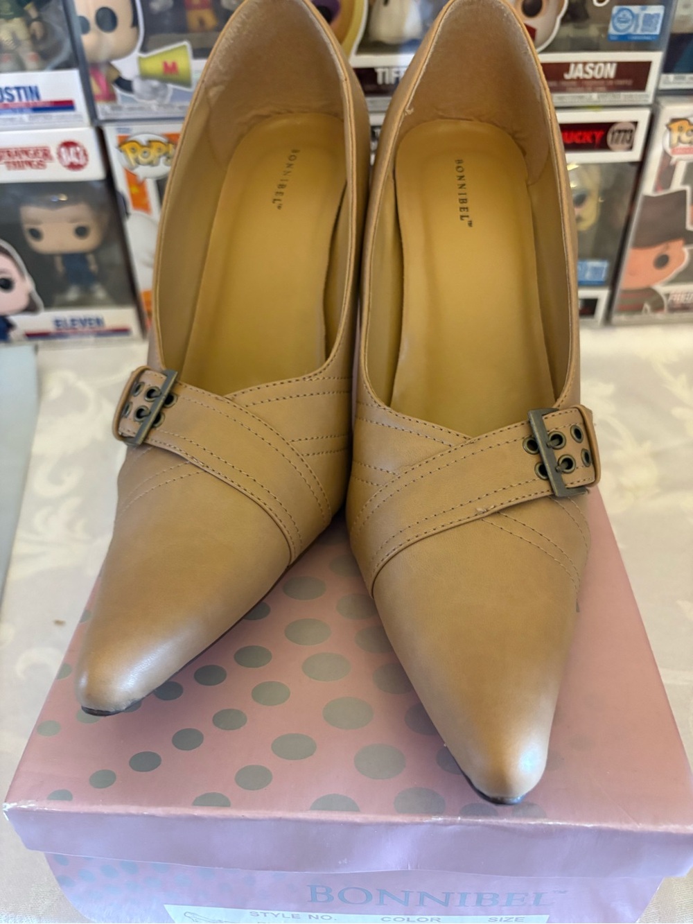 Bonnibel Tan Pointed-Toe Buckle Pumps